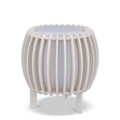 Lampe LED cylindrique blanche à structure ajourée verticale présentée de face sans personnalisation visible.