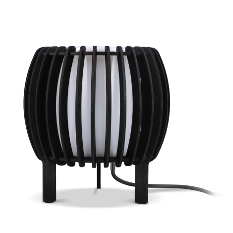 Lampe LED cylindrique noire à structure ajourée verticale présentée avec câble visible et sans marquage apparent.