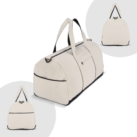 Sac de voyage beige vu de trois quarts avec vues secondaires des faces latérales, sans personnalisation apparente.