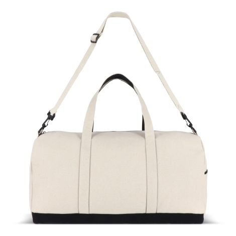 Vue arrière du sac de voyage beige avec bandoulière réglable visible, sans marquage apparent.