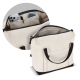Sac de voyage beige présenté ouvert avec double compartiment intérieur visible, sans personnalisation visible. Sac de voyage beige présenté ouvert avec double compartiment intérieur visible, sans personnalisation visible.
