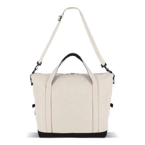 Face arrière du sac de voyage beige avec bandoulière réglable visible, sans personnalisation visible.