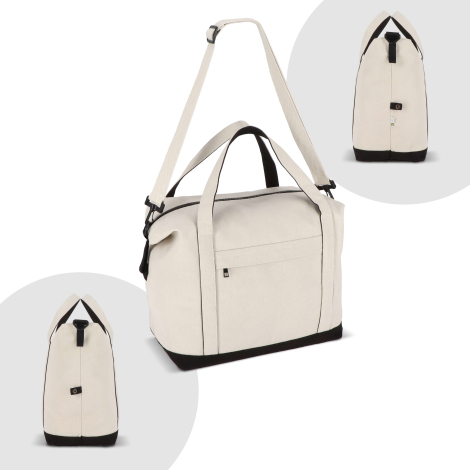 Sac de voyage beige présenté de trois quarts avec vues secondaires des faces latérales, sans marquage apparent.