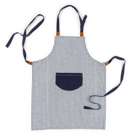 Tablier de cuisine à rayures bleu foncé et blanches avec poche centrale contrastée, présenté sans personnalisation visible.