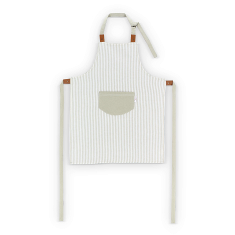 Tablier de cuisine à rayures claires présenté à plat, sans marquage apparent.