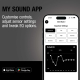 Visuel promotionnel d’une application mobile de réglages audio affichée sur smartphone. Visuel promotionnel d’une application mobile de réglages audio affichée sur smartphone.