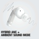 Visuel promotionnel d’un écouteur intra-auriculaire blanc avec mention de réduction de bruit et mode ambiant. Visuel promotionnel d’un écouteur intra-auriculaire blanc avec mention de réduction de bruit et mode ambiant.