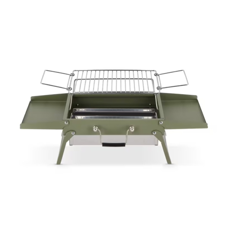 Vue de face du barbecue portable ouvert avec grille de cuisson installée, sans marquage visible.