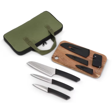 Ensemble complet avec pochette de transport, couteaux, protège-lames, aiguiseur et planche à découper présentés séparément, sans