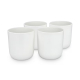 Quatre tasses blanches disposées côte à côte, sans marquage visible. Quatre tasses blanches disposées côte à côte, sans marquage visible.