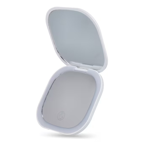 Miroir LED présenté entrouvert avec éclairage activé, sans personnalisation visible.