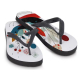 Paire de tongs avec brides noires et semelles à motif multicolore, personnalisation visible sur toute la surface imprimée.