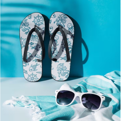 Tongs à motif illustré suspendues devant un fond bleu avec lunettes de soleil et textile au premier plan ; personnalisation appa