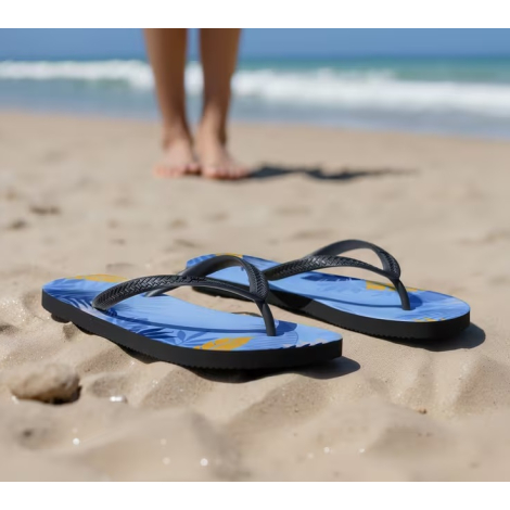 Paire de tongs à motif bleu posée sur le sable en bord de mer, avec personnalisation visible sur la surface des semelles.