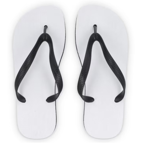 Vue du dessus d’une paire de tongs blanches à brides noires, sans marquage visible.