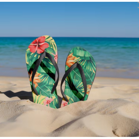Paire de tongs à motif tropical plantée dans le sable face à la mer, avec personnalisation visible sur la surface des semelles.
