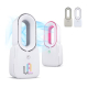 Ventilateur sans pales blanc allumé avec éclairage LED intégré et personnalisation visible sur la face avant de la base ; une vi Ventilateur sans pales blanc allumé avec éclairage LED intégré et personnalisation visible sur la face avant de la base ; une vi