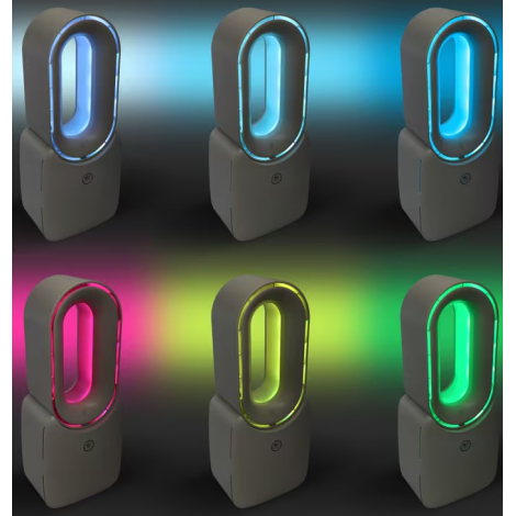 Montage montrant le ventilateur sans pales avec plusieurs éclairages LED colorés, sans marquage visible.