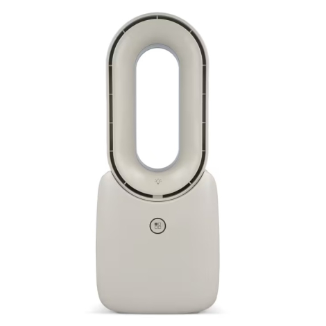 Vue de face du ventilateur sans pales blanc, aucune personnalisation apparente sur le socle.