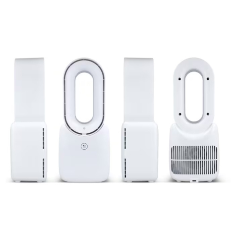 Ventilateur sans pales présenté sous plusieurs angles avec vues avant, latérales et arrière, sans marquage visible.