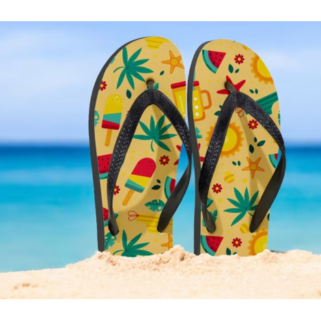 Paire de tongs à motif estival plantée dans le sable face à la mer, avec personnalisation visible sur la surface des semelles.