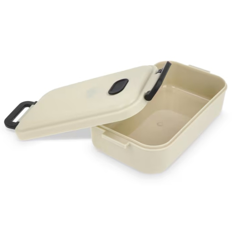 Lunch box beige ouverte avec couvercle relevé, aucune personnalisation apparente.