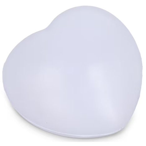 Objet anti-stress en forme de cœur présenté de l’autre côté, sans personnalisation visible.