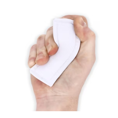 Conteneur anti-stress blanc compressé dans une main, présenté sans marquage visible.