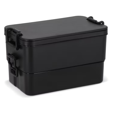 Lunch box double étage noire présentée fermée, sans personnalisation visible.