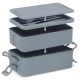 Vue éclatée de la lunch box avec deux compartiments, couvercle et couverts rangés à l’intérieur, sans personnalisation apparente Vue éclatée de la lunch box avec deux compartiments, couvercle et couverts rangés à l’intérieur, sans personnalisation apparente