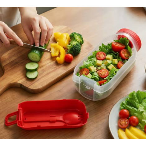 Lunch box ouverte remplie de salade sur un plan de travail avec couvercle posé à côté, sans personnalisation visible.