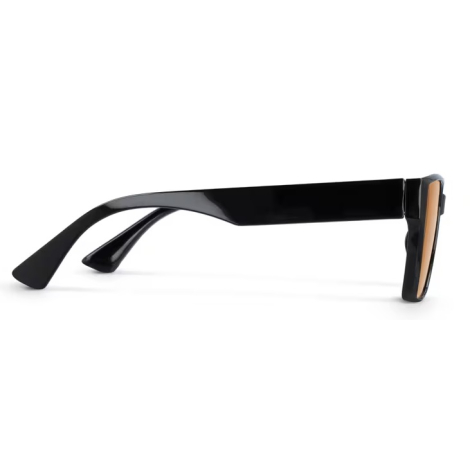 Branche noire de lunettes de soleil vue de profil, aucune personnalisation apparente.