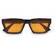 Vue de face rapprochée de lunettes de soleil avec verres teintés orange, sans marquage visible.