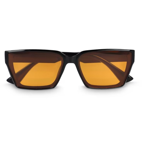 Vue de face rapprochée de lunettes de soleil avec verres teintés orange, sans marquage visible.
