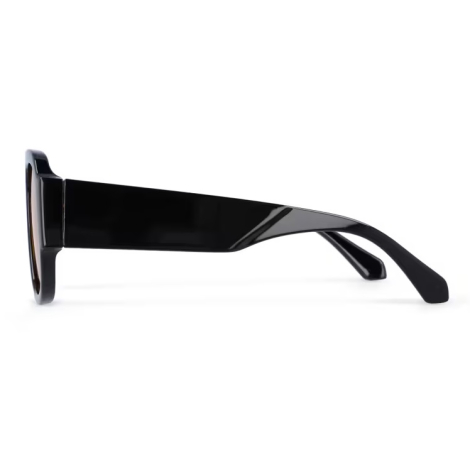 Branche noire de lunettes de soleil vue latéralement, aucune personnalisation apparente.
