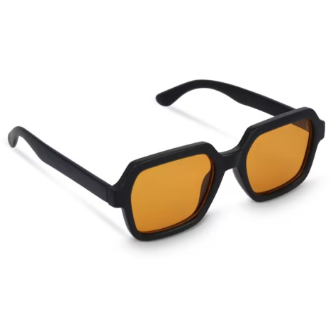 Monture noire avec verres orange présentée en vue rapprochée, sans marquage visible.