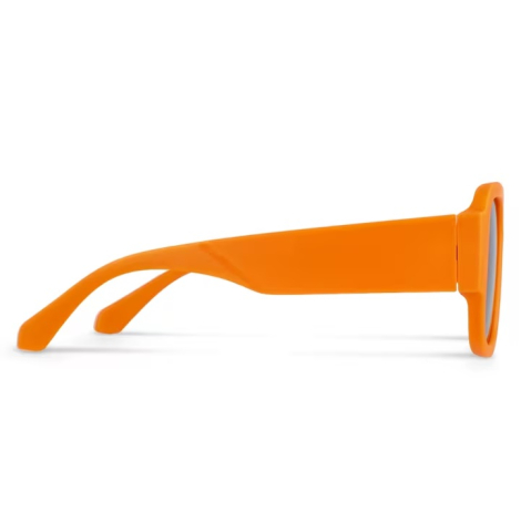 Branche orange de lunettes solaires présentée en gros plan, sans marquage visible.
