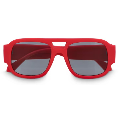Face avant d’une monture rouge avec verres teintés foncés présentée en gros plan, sans marquage visible.