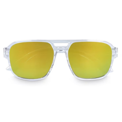 Vue rapprochée de la face avant de lunettes à monture transparente avec verres jaunes, aucune personnalisation apparente.
