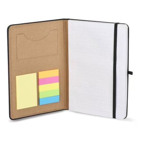 Sans marquage apparent, carnet ouvert montrant les notes adhésives, la pochette intérieure et les pages pointillées.