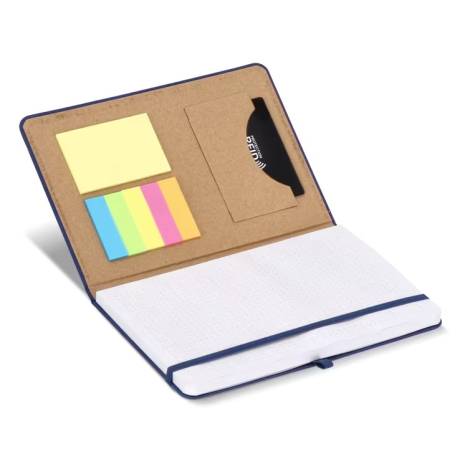 Carnet ouvert avec notes adhésives, poche de rangement intérieure et pages de prise de notes, présenté sans personnalisation vis
