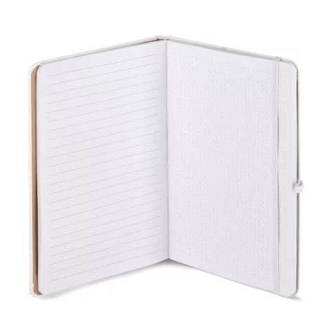 Carnet ouvert présentant une page lignée et une page pointillée, sans personnalisation visible.
