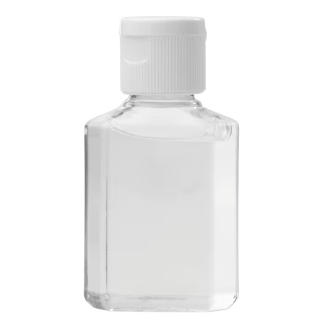 Flacon de gel hydroalcoolique présenté fermé de face, sans personnalisation visible.