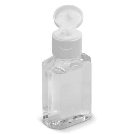 Sans marquage apparent, flacon de gel hydroalcoolique présenté avec le bouchon ouvert.