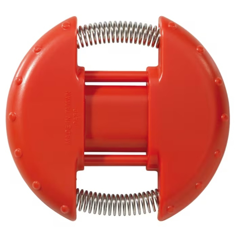Vue de face d’un anneau de musculation pour avant-bras rouge avec ressorts métalliques apparents, sans personnalisation visible 