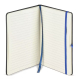 Carnet Iroko A5 ouvert montrant les pages lignées, le marque-page textile et la fermeture élastique intégrée, sans personnalisat Carnet Iroko A5 ouvert montrant les pages lignées, le marque-page textile et la fermeture élastique intégrée, sans personnalisat