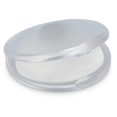 Boîtier rond translucide gris fermé présenté de trois quarts, sans personnalisation visible sur le dessus présenté.