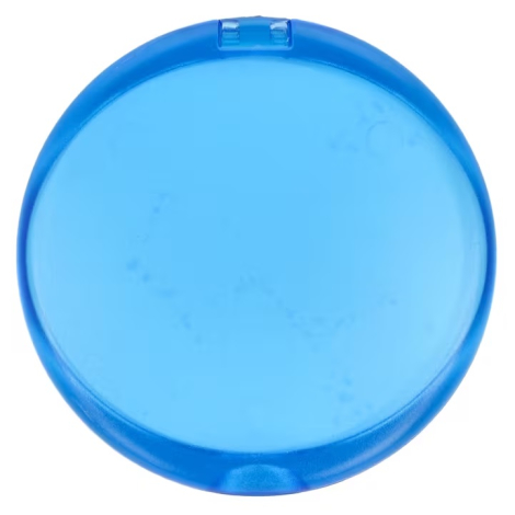 Vue de dessus d’un boîtier rond bleu translucide fermé, sans marquage apparent sur la face supérieure.