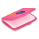 Boîtier rectangulaire rose entrouvert contenant des feuilles de savon avec personnalisation visible sur le dessus du couvercle.