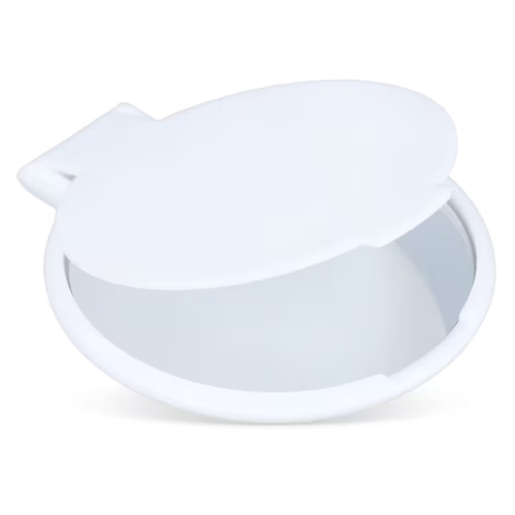 Petit miroir compact rond blanc entrouvert, sans marquage apparent sur le dessus présenté.
